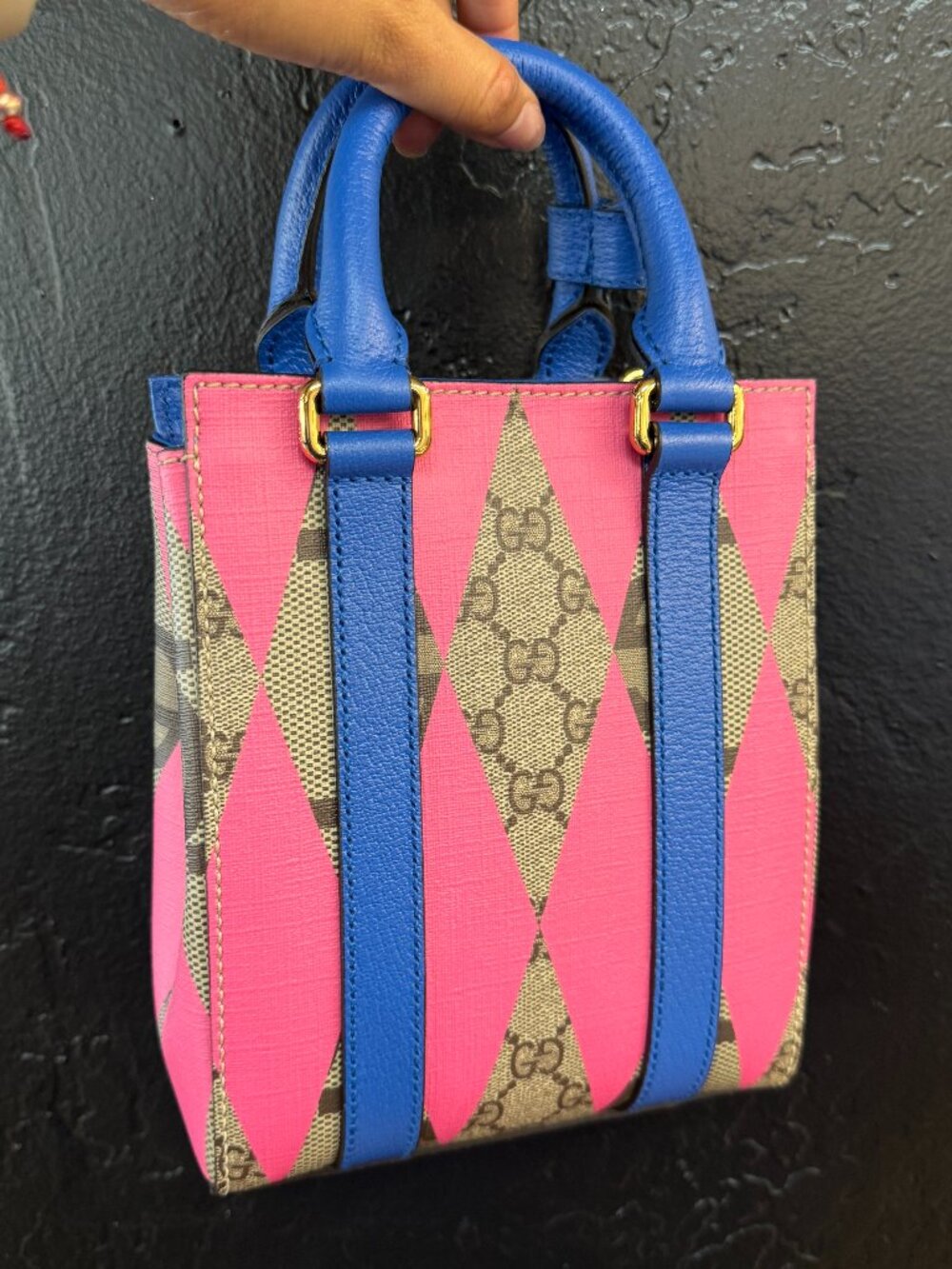 Gucci GG Supreme Rhombus Mini Tote Beige Pink Blue w/ Strap Entrupy